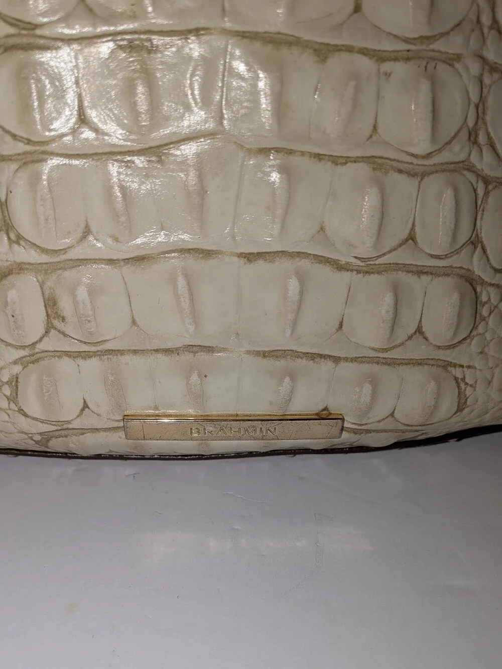 Brahmin Amira Hobo Shoulder Bag Leather Croc Embossed Champagne Koubba